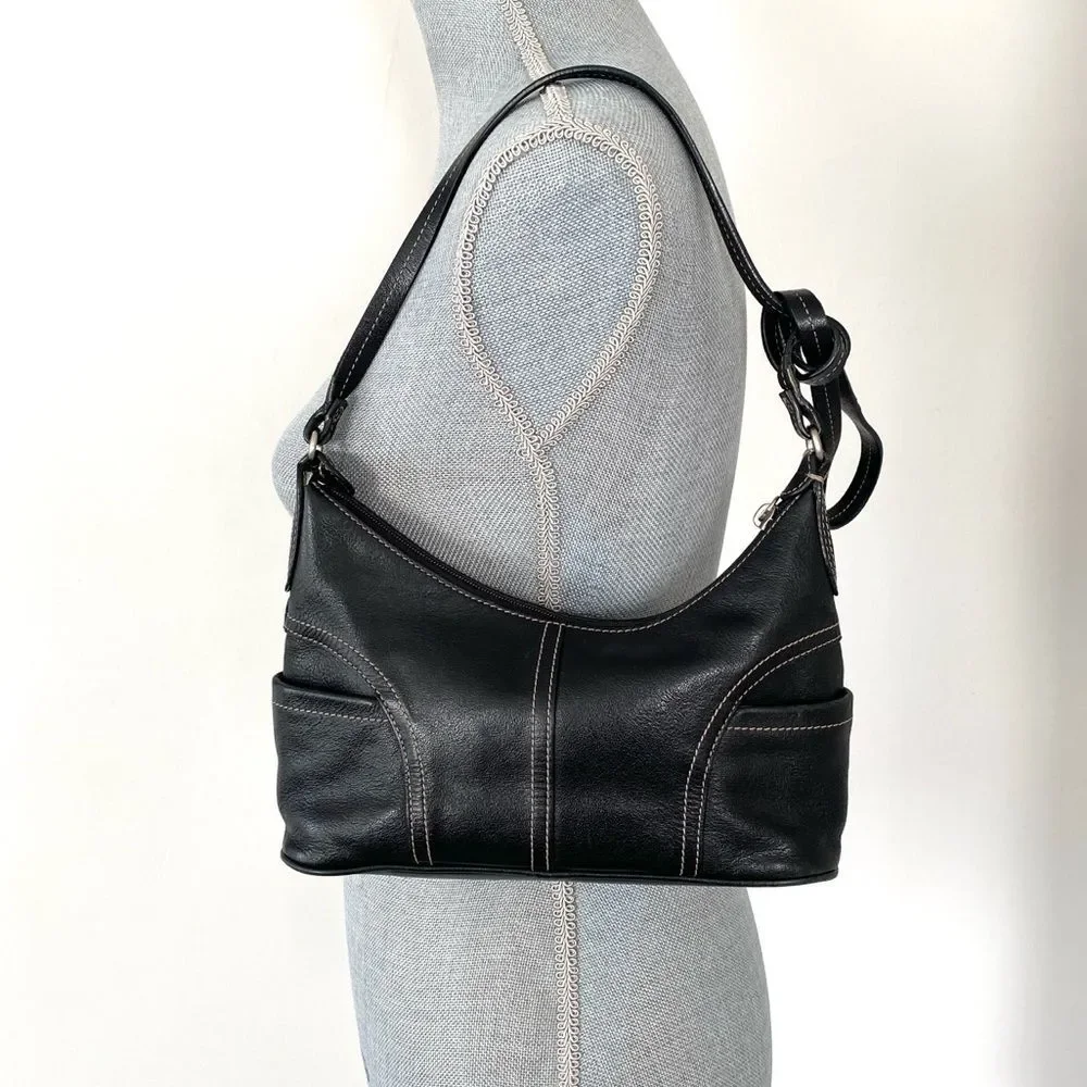 Fossil Y2K Black Leather Crossbody Bag Stitching Accent